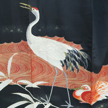 Load image into Gallery viewer, Tomesode Vintage(1920-1950) Black Hand painted Crane Birds Silk #10408A2