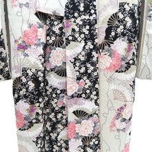 Load image into Gallery viewer, Furisode Pearl white Black Folding Fan Chrysanthemum Cherry Blossom Silk #10310F1