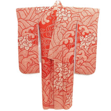 Load image into Gallery viewer, Furisode Red Shibori Wave Peony Silk #10321F1
