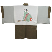 Load image into Gallery viewer, Men's Haori Vintage(1950-1980) Dark Yellow brown Utamaro Ukiyoe Bijinga Silk #10656C4