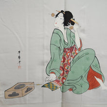 Load image into Gallery viewer, Men's Haori Vintage(1950-1980) Dark Yellow brown Utamaro Ukiyoe Bijinga Silk #10656C4