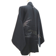 Load image into Gallery viewer, Haori Jacket Vintage(1950-1980) Black Gold Silver Wave Silk #9907B4