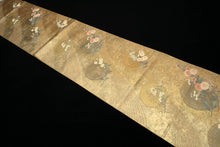 Load image into Gallery viewer, Fukuro Obi Gold Yellow brown Bellflower Chrysanthemum Silk BB142W9