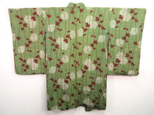 Load image into Gallery viewer, Haori Jacket Vintage(1920-1950) Long Type Naga-baori Moss Green Chrysanthemum #130