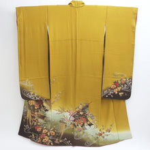 Load image into Gallery viewer, Furisode Yellow brown Ume Peony Wisteria Silk #9105D3