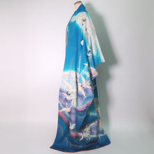 Load image into Gallery viewer, Furisode Vintage(1950-1980) Emerald blue Crane Birds Silk #9151D4