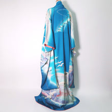 Load image into Gallery viewer, Furisode Vintage(1950-1980) Emerald blue Crane Birds Silk #9151D4