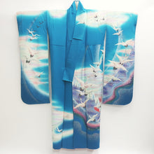 Load image into Gallery viewer, Furisode Vintage(1950-1980) Emerald blue Crane Birds Silk #9151D4