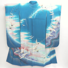 Load image into Gallery viewer, Furisode Vintage(1950-1980) Emerald blue Crane Birds Silk #9151D4