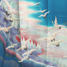 Load image into Gallery viewer, Furisode Vintage(1950-1980) Emerald blue Crane Birds Silk #9151D4