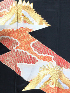 BCF#2906 Silk Tomesode Fabric Vintage(1950-1980) Embroidery Crane Bird Black Gold 43.3x25.6in(110x65cm)
