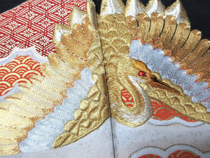 BCF#2906 Silk Tomesode Fabric Vintage(1950-1980) Embroidery Crane Bird Black Gold 43.3x25.6in(110x65cm)