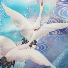 Load image into Gallery viewer, Furisode Vintage(1950-1980) Emerald blue Crane Birds Silk #9151D4