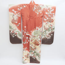 Load image into Gallery viewer, Furisode Vermillion Pale Green Butterfly Cherry Blossom Tall Silk #9307F1