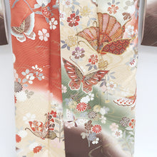 Load image into Gallery viewer, Furisode Vermillion Pale Green Butterfly Cherry Blossom Tall Silk #9307F1