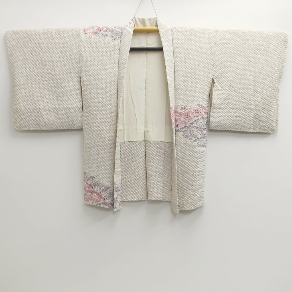 Haori Jacket Vintage(1950-1980) White Full Shibori Pine Tree Silk #925