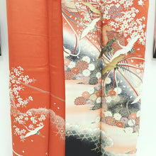 Load image into Gallery viewer, Furisode Vintage(1950-1980) Light Red Crane Birds Sakura Silk #9468G4