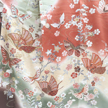 Load image into Gallery viewer, Furisode Vermillion Pale Green Butterfly Cherry Blossom Tall Silk #9307F1