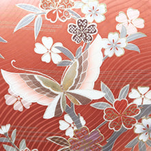 Load image into Gallery viewer, Furisode Vermillion Pale Green Butterfly Cherry Blossom Tall Silk #9307F1