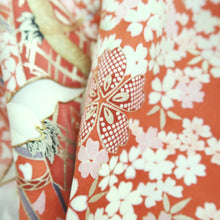 Load image into Gallery viewer, Furisode Vintage(1950-1980) Light Red Crane Birds Sakura Silk #9468G4