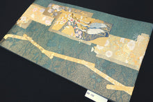 Load image into Gallery viewer, Fukuro Obi Greenish Gray Gold Crane Birds Plum blossom Silk BB152W9
