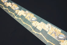 Load image into Gallery viewer, Fukuro Obi Greenish Gray Gold Crane Birds Plum blossom Silk BB152W9