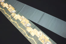 Load image into Gallery viewer, Fukuro Obi Greenish Gray Gold Crane Birds Plum blossom Silk BB152W9