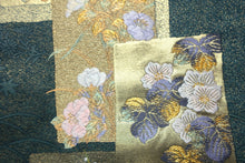 Load image into Gallery viewer, Fukuro Obi Greenish Gray Gold Crane Birds Plum blossom Silk BB152W9