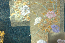 Load image into Gallery viewer, Fukuro Obi Greenish Gray Gold Crane Birds Plum blossom Silk BB152W9
