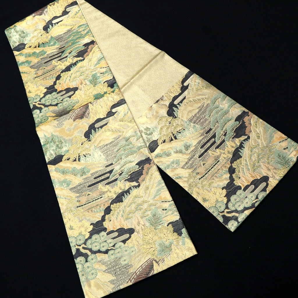 Fukuro Obi Gold Green Landscape Zen Temple Silk BB232V3 Fukuro Obi Gold Green Landscape Zen Temple Silk BB232V3