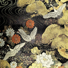 Load image into Gallery viewer, Fukuro Obi Black Gold Crane Birds Plum blossom Rinpa Silk BB234V4