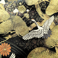 Load image into Gallery viewer, Fukuro Obi Black Gold Crane Birds Plum blossom Rinpa Silk BB234V4