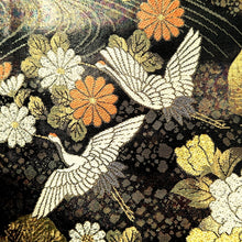 Load image into Gallery viewer, Fukuro Obi Black Gold Crane Birds Plum blossom Rinpa Silk BB234V4