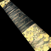 Load image into Gallery viewer, Fukuro Obi Black Gold Crane Birds Plum blossom Rinpa Silk BB234V4