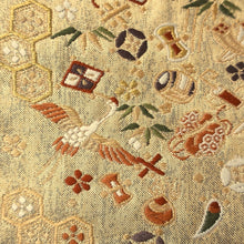 Load image into Gallery viewer, Fukuro Obi Vintage(1950-1980) Gold Crane Birds Bamboo leaf Silk BB195V2