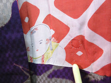 Load image into Gallery viewer, Haori Jacket Vintage(Pre-1920) Purple Ichimatsu moyou Crane Birds #60
