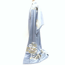 Load image into Gallery viewer, Kimono Blueish Gray Cherry Blossom Chrysanthemum Tall Silk #9933B5
