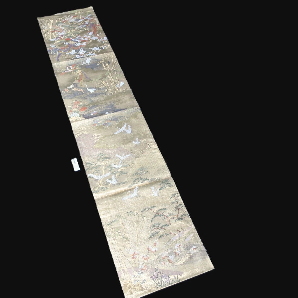BB10001AB Silk Obi Fabric Crane Birds Bamboo Gold 57.9x11.0in(147x28cm)