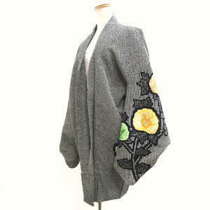 Haori Jacket Vintage(1950-1980) Black Shibori Peony Silk #10048C5