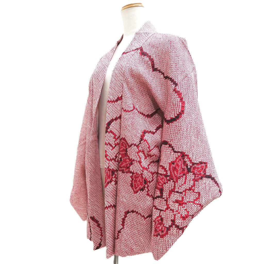 Haori Jacket Vintage(1950-1980) Red Shibori Peony Silk #10579C1