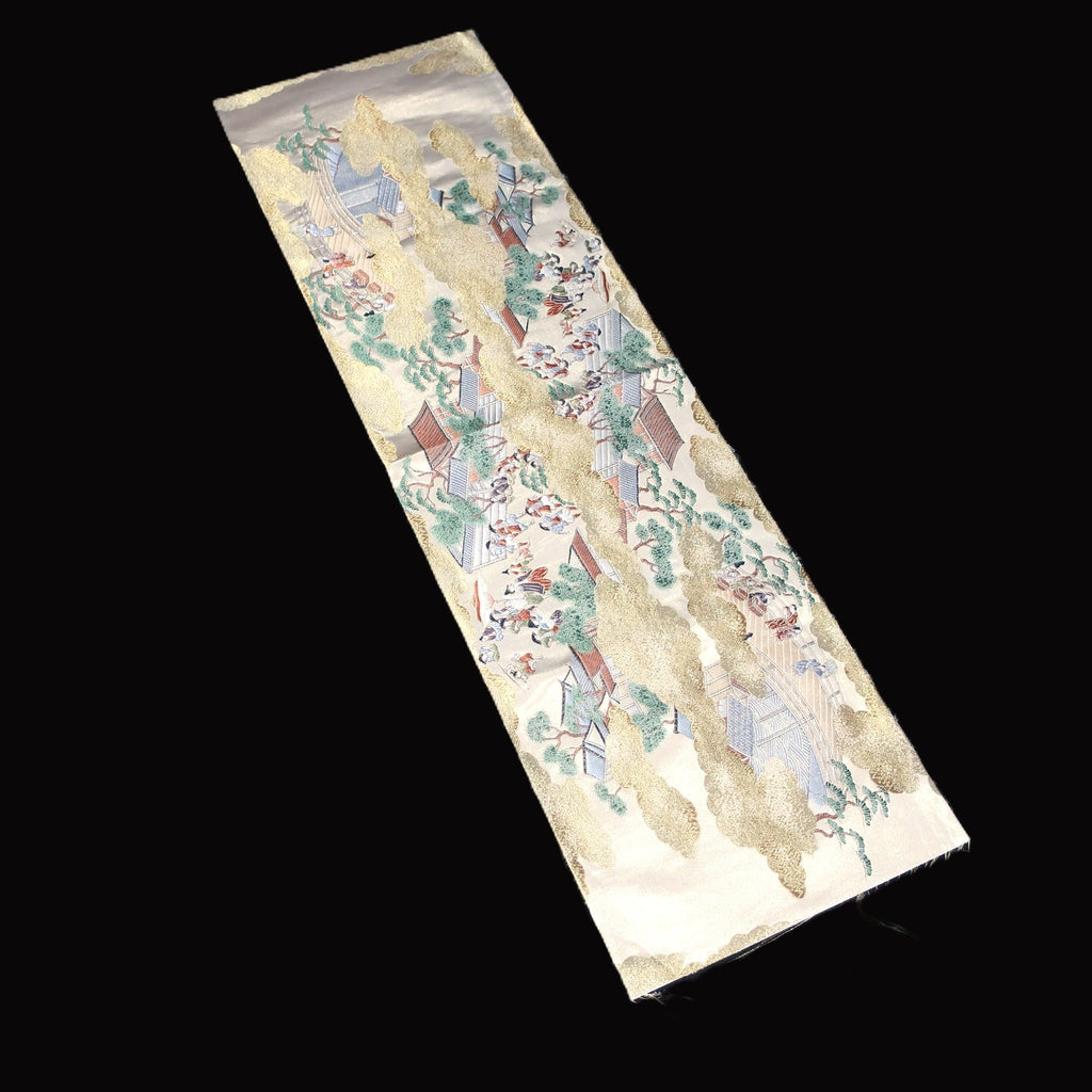 BB10061AE Silk Obi Fabric Townscape Gold 38.2x11.0in(97x28cm)