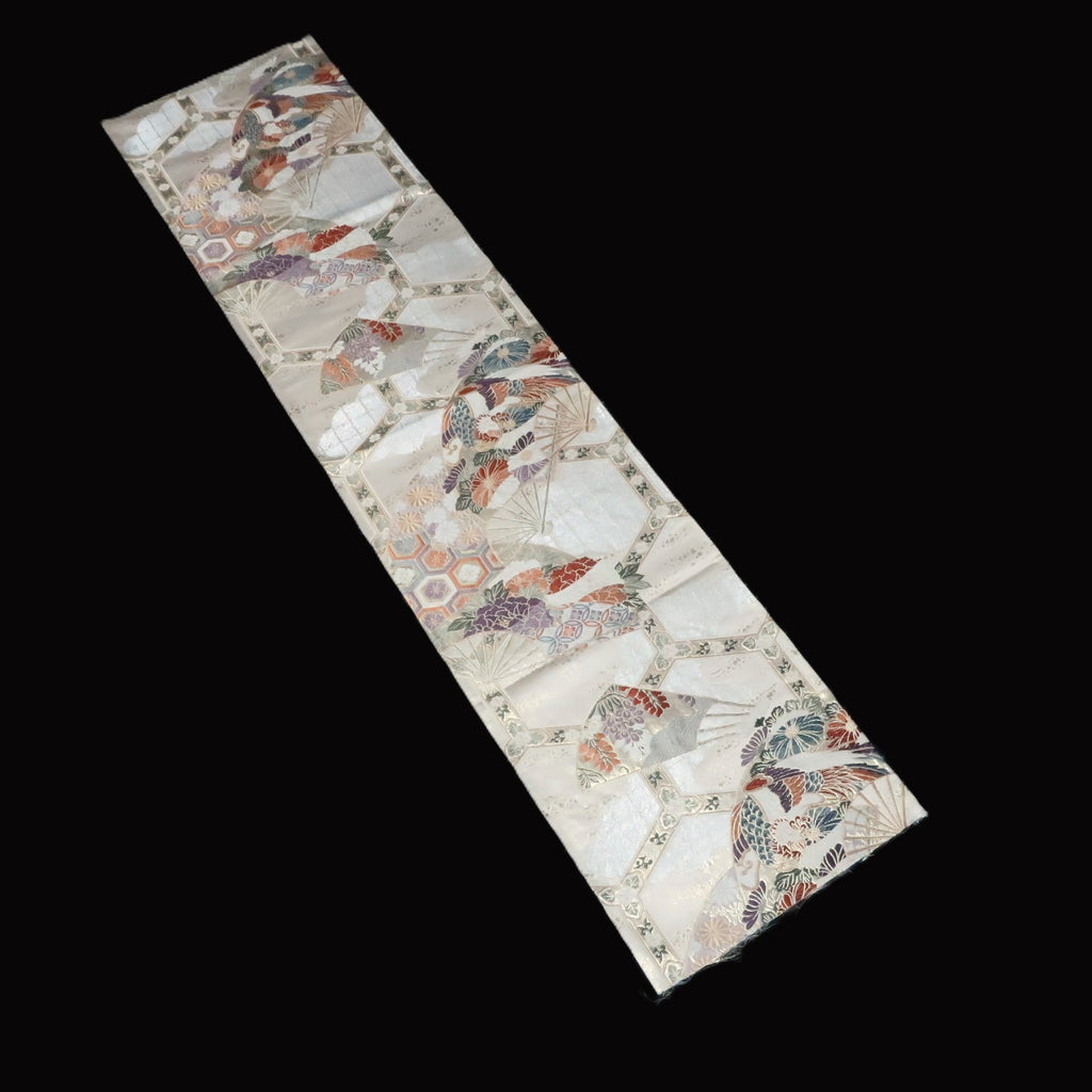BB10051AD Silk Obi Fabric Phoenix White Gold 48.4x10.6in(123x27cm)