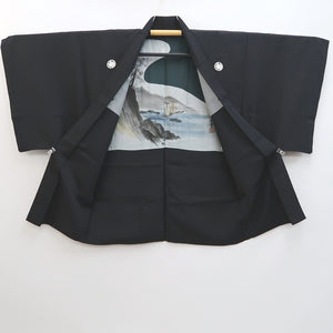 Men's Haori Vintage(1950-1980) Black Habutae Landscape Silk #9978C2