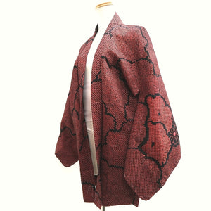 Haori Jacket Vintage(1950-1980) Red Black Shibori Chrysanthemum Silk #10108D2