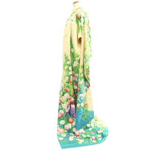Furisode Pale Yellow Green Light Blue Peacock Tall Silk #10551B4
