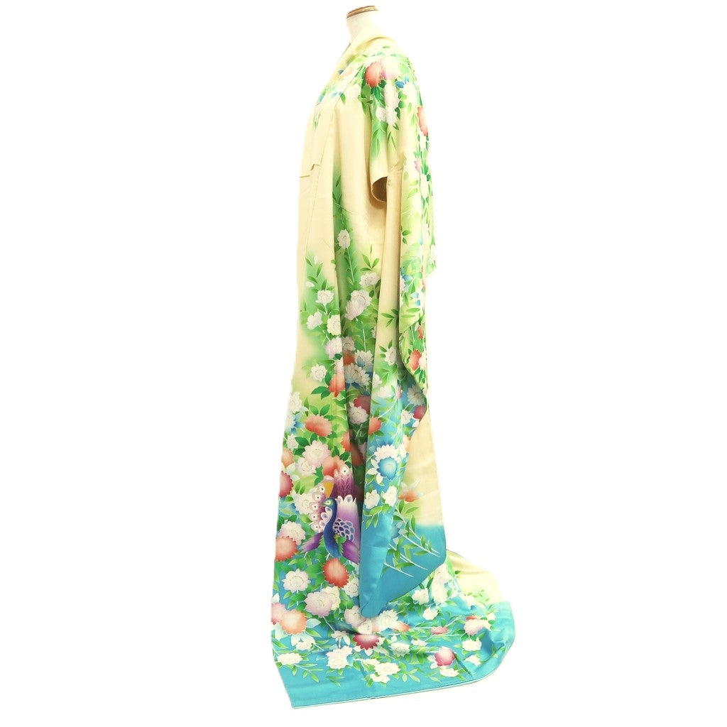 Furisode Pale Yellow Green Light Blue Peacock Tall Silk #10551B4