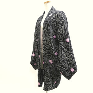 Haori Jacket Vintage(1950-1980) Black Shibori Flower Branch Silk #10033C4