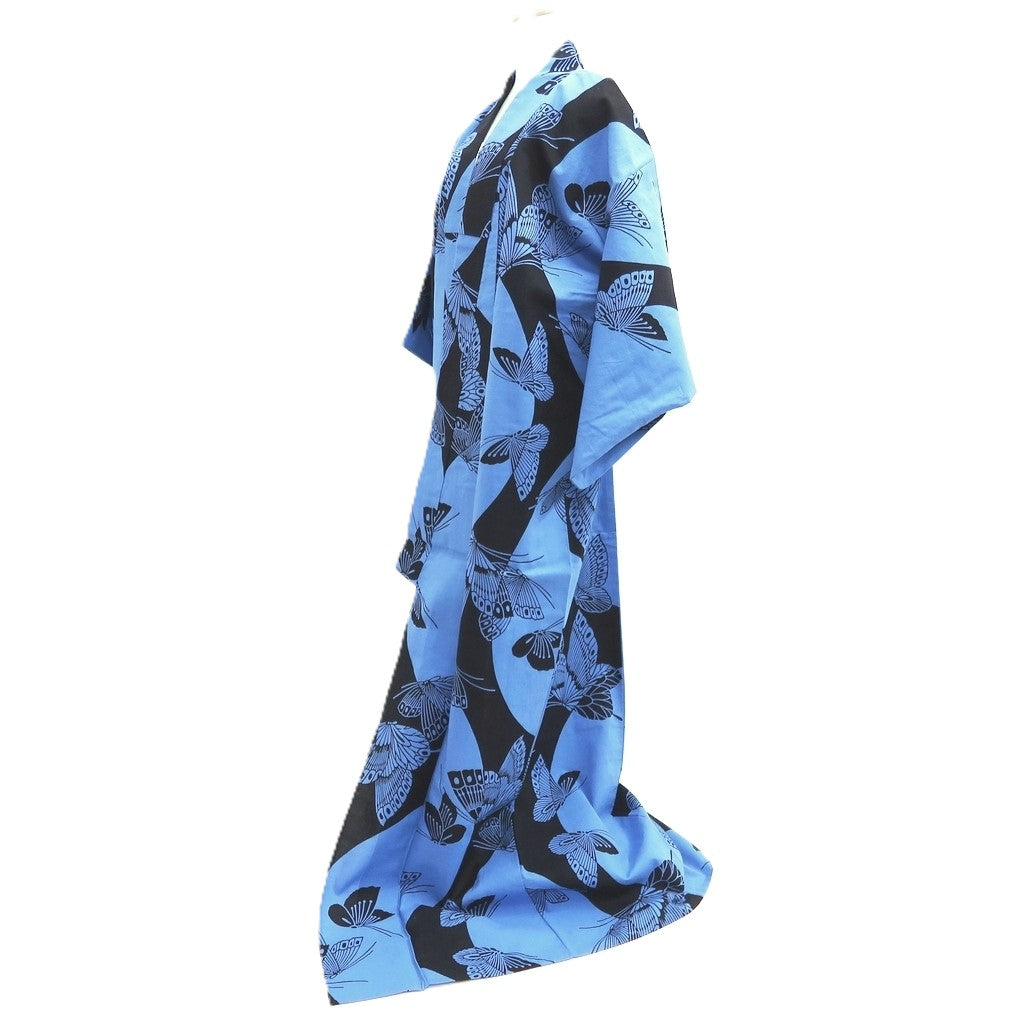 Yukata Vintage(1950-1980) Light Blue Black Butterfly Cotton #10482A5