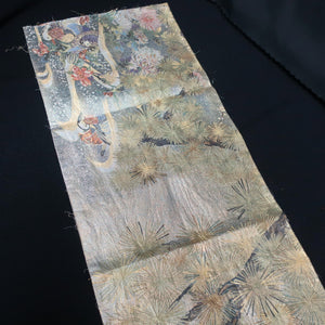 BB10011AB Silk Obi Fabric Chrysanthemum Butterfly Gold Silver 84.6x11.0in(215x28cm)