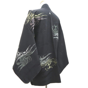 Haori Jacket Vintage(1950-1980) Black Gold Silver Curling Wave Silk #9861B2